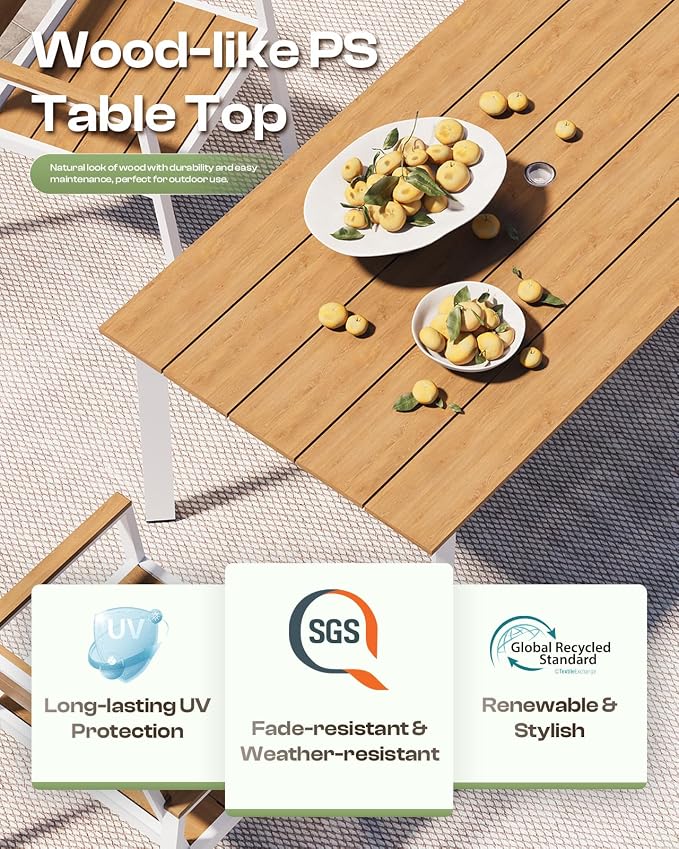 67"*32.3"*29.5" Patio Dining Table, Seamless Rectangle Aluminum + HDPS Outdoor Patio Dining Table with Umbrella Hole, Weather-Resistant for Lawn, Garden, Yard and Indoor Use (White & Teak) - Image 3