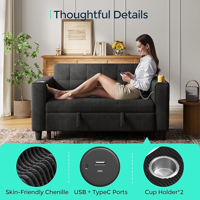 LINSY Sleeper Sofa Bed, 54" Pull Out Couch with Charging Station & Cup Holder, Small 3 in 1 Convertible Loveseat Sleeper Couch for Apartment, Dorm Room, Bedroom and Small Space, Corduroy Black