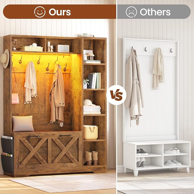 Itaar Hall Tree with Bench and Shoe Storage, Farmhouse Entryway Bench with Coat Rack, Shoe Cabinet with Flip Drawers, 7 Shelves, 10 Coat Hooks, Storage Bag, Led Lights, Rustic Brown - Image 4