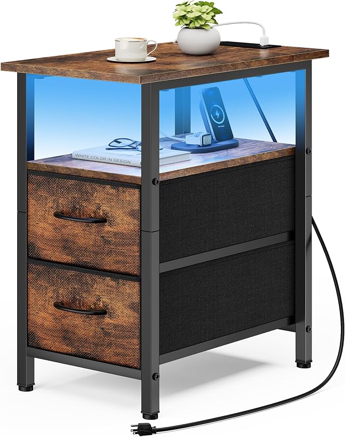 Vagusicc Nightstand with Charging Station and LED Lights, Narrow Side Table, LED Night Stand with 2 Fabric Drawers, Bedside Table with USB Ports and Outlets, Tall Nightstand for Bedroom, Rustic Brown by Vagusicc
