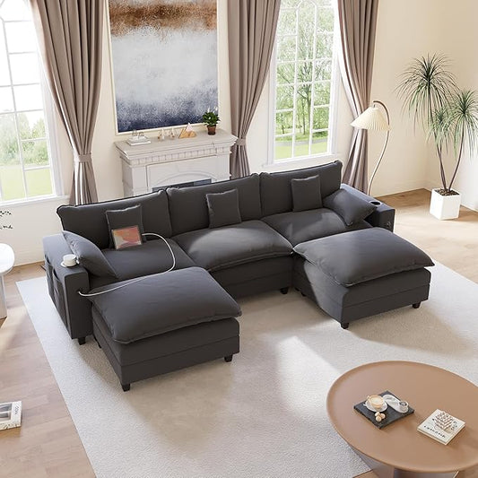 116" Modular Sectional Sofa, U Shaped Cloud Couch with Movable Ottoman, Chenille Deep Seat Cloud Sofa with Charging Station, Cup Holder, Side Pocket, Sectional Couches for Living Room, Grey