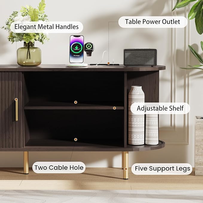 DHH 63 Inch Mid Century Modern TV Stand with Power Outlet for TVs up to 70 Inch, Entertainment Center with Storage and Adjustable Shelves, Media Console with Sliding Doors for Living Room(Dark Walnut) - Image 4