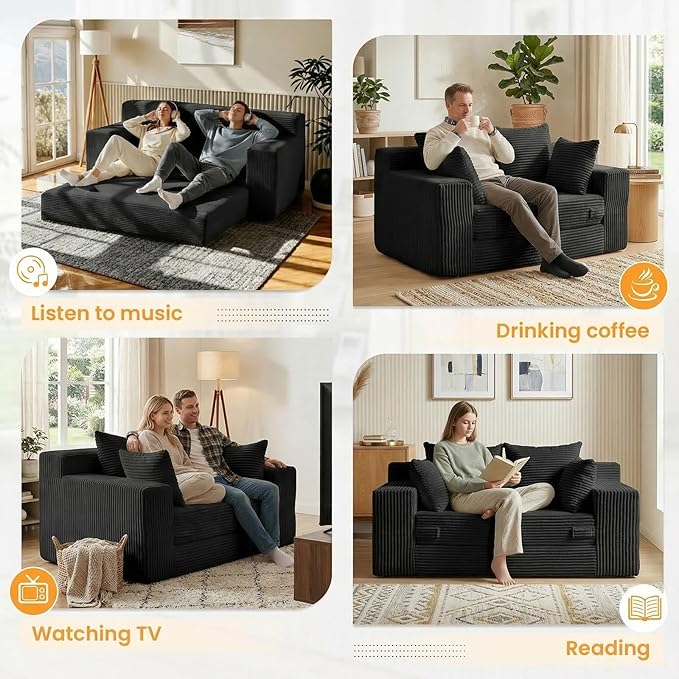 55" Small Boneless Couch, 3-in-1 Boneless Loveseat Sleeper Sofa Bed Convertible Sofa Bed with 4 Pillows, Black Corduroy Boneless Couch for Living Room, Guest Room, Small Space, No Assembly Required