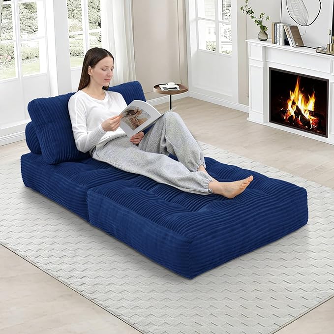 Folding Sofa Bed, Convertible Sleeper Chair with Pillow & Handle, Foldable Mattress Futon Chair Bed Lounge with Back Support, Comfy Floor Sofa for Living Room Bedroom, NavyBlue, Single