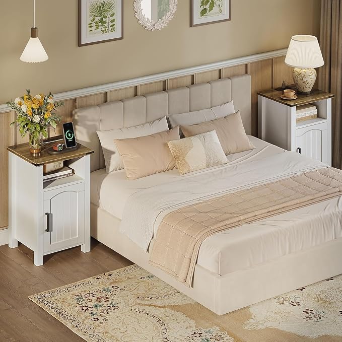 Farmhouse Nightstand with Charging Station, End Table with USB/Type-C Ports and Power Outlets, Rustic Bedside Table with Large Storage and Open Shelf, Modern Side Table for Bedroom, White - Image 2