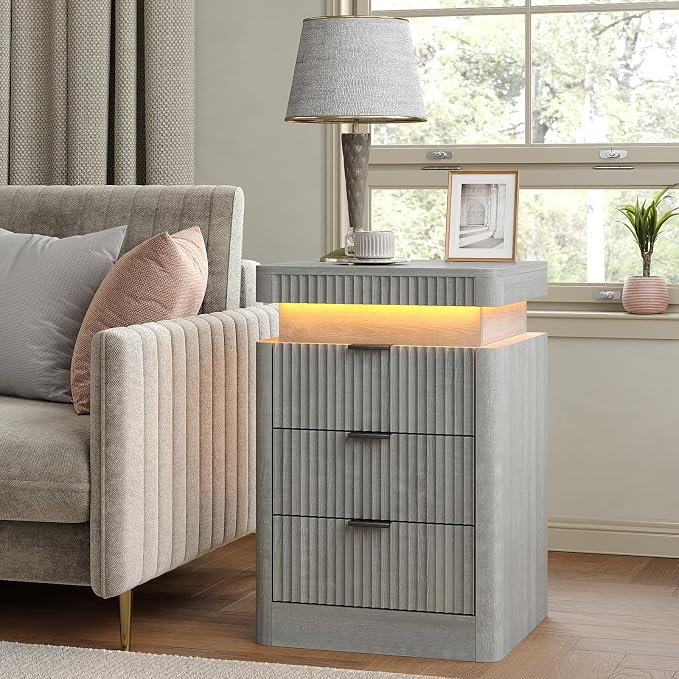 Yanosaku Night Stand with Charging Station, 3-Drawer Fluted LED Bedside Table with Sliding Top & USB Outlets, Modern End Table for Small Bedroom Living Room, Light Grey by Yanosaku