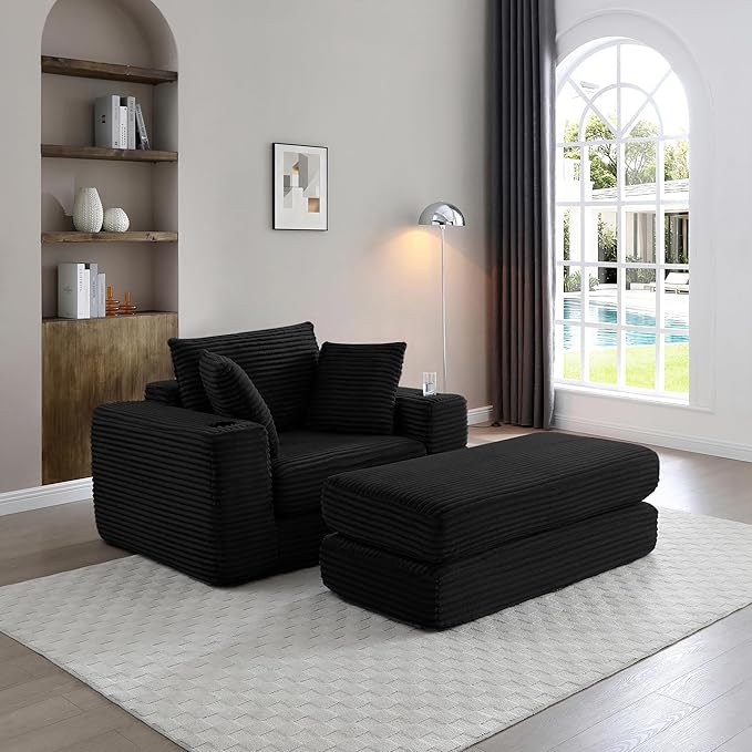 Eafurn 52.4" Oversized Chaise Lounge Indoor with Foldable Ottoman Convertible Boneless Sleeper Sofa Bed, Deep Seat Lounge Chair with Cup Holder & Side Pocket, No Assembly for Living Room | Breathable material, Cupholders