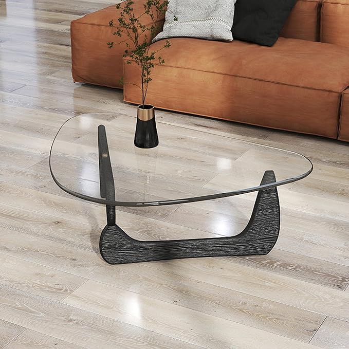 Black Coffee Table for Living Room, Mid Century Small Coffee Tables, Rustic Clear Center Table with Tempered Glass & Solid Wood Base, Triangle Coffee Table for Small Spaces