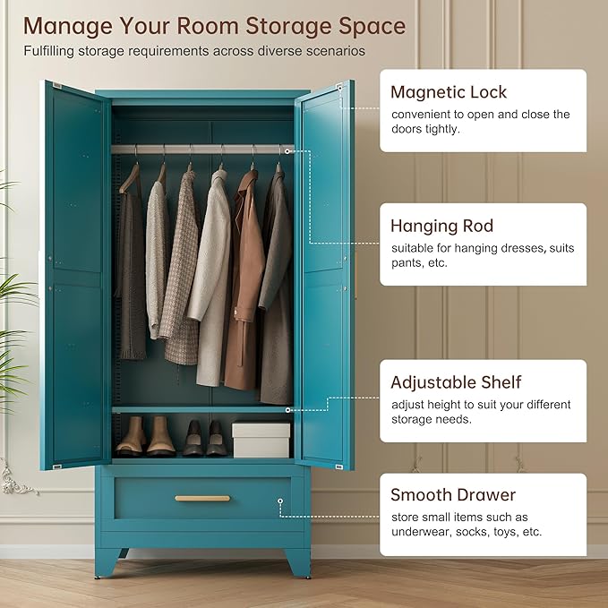 LCAOPC 71" Tall Metal Wardrobe Cabinet with Drawer and Hanging Rod, 2 Doors Armoire Wardrobe Closet with Shelf for Bedroom, Office, Laundry Room, Blue