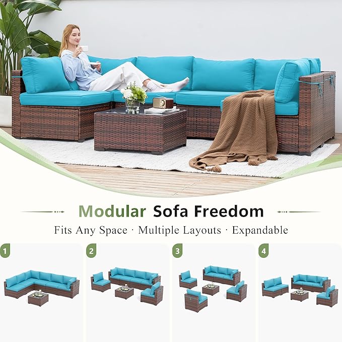 Amopatio Patio Furniture Sets with Waterproof Cover 7 Pieces Patio Conversation Set Outdoor Sectional Wicker Rattan Sofa,Patio Furniture with Pillows Fits Porch Garden Backyard Balcony(Sky-Blue)