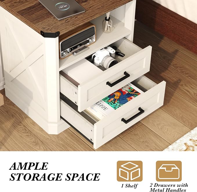 Yusong 23.62” Tall Farmhouse Nightstand, Rustic Wooden Night Stand with Charging Station, Beside Table with Drawers and Open Storage, End Tables for Bedroom, White - Image 8