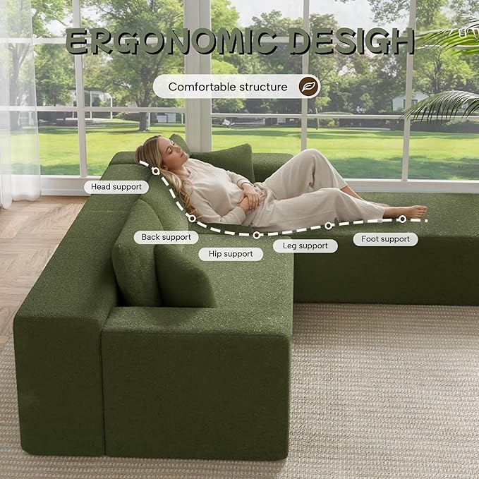 Cloud Sectional Couch, 105” Fluffy Modular L-Shape Sofa with Left Chaise Lounge, Modular Sectional Sofa in a Box, Boneless Couch for Living Room, No Assembly Required, Wool Green