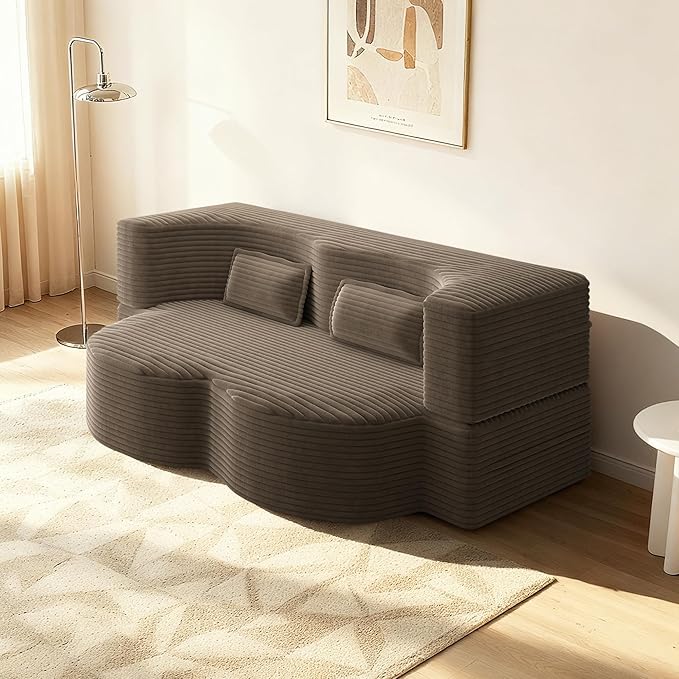 78" Convertible Sofa Bed, 2-in-1 Folding Floor Couch with 2 Pillows, Sleeper Sofa for Living Room and Bedroom, No Assembly Required (Coffee Brown, Corduroy Fabric)