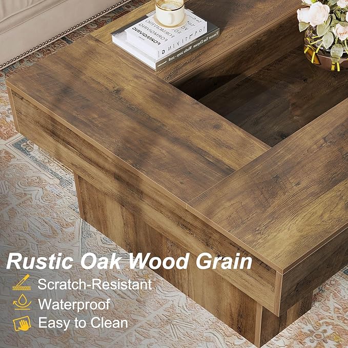 LVB Coffee Table, Modern Wood Led Living Room Table with Storage, Farmhouse Large Rectangle Center Table with LED Light, Unique Wide Low Tea Table for Living Room Home Office, 47.24 in, Rustic Oak