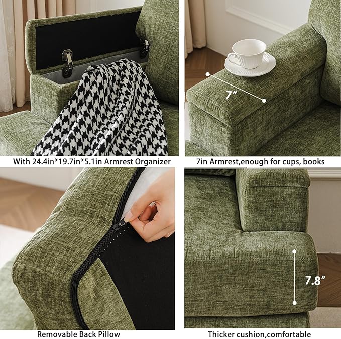 Oversized Living Room Chairs Set of 2,Comfy Accent Chair with Armrest Organizer,Upholstered Modern Armchair Thick Cushion,Big Reading Chair,Sofa Chair for Bedroom,Green