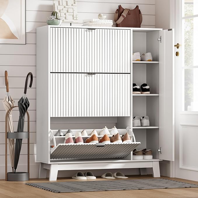 Shoe Cabinet Storage for Entryway with 3 Flip Drawers & Side Cabinet, Fluted Narrow Shoe Organizer with Wooden Leg, Freestanding Shoe Storage Hidden Shoe Rack Organizer for Front Door Entrance, White by HUANLEGO