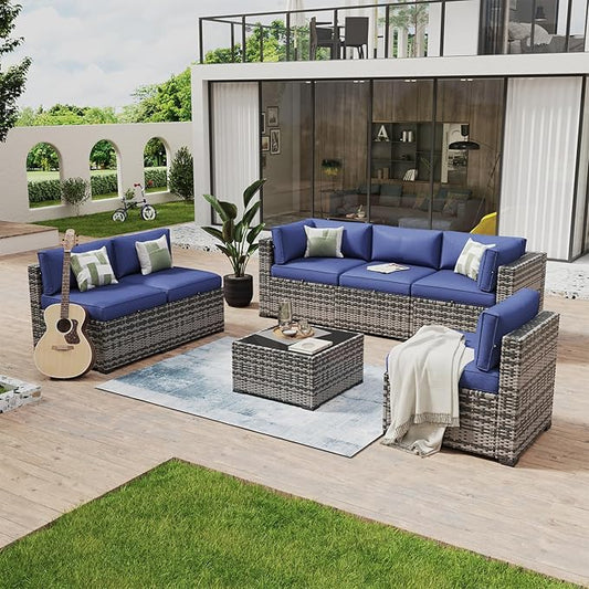 Aoxun 7 Piece Patio Furniture Set Wicker Rattan Patio Conversation Set Outdoor Sectional Sofa Set with Coffee Table and Thickened Cushions, Gray/Blue(Waterproof Cover Included)