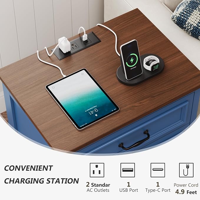 Farmhouse Nightstand Set of 2, Wood Night Stand with 3 Drawers and Charging Station Modern Bedside Table for Bedroom End Side Table Storage Cabinet Small 6 Drawers Dresser (2, Blue) - Image 4