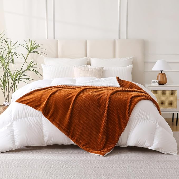 Burnt Orange Sherpa Fleece Throw Blanket 108”×90” for Couch Sofa Bed,Super Soft Cozy Plush Double Side Thick Flannel Blanket with Striped Design Lightweight for Adults,Woman,Girls