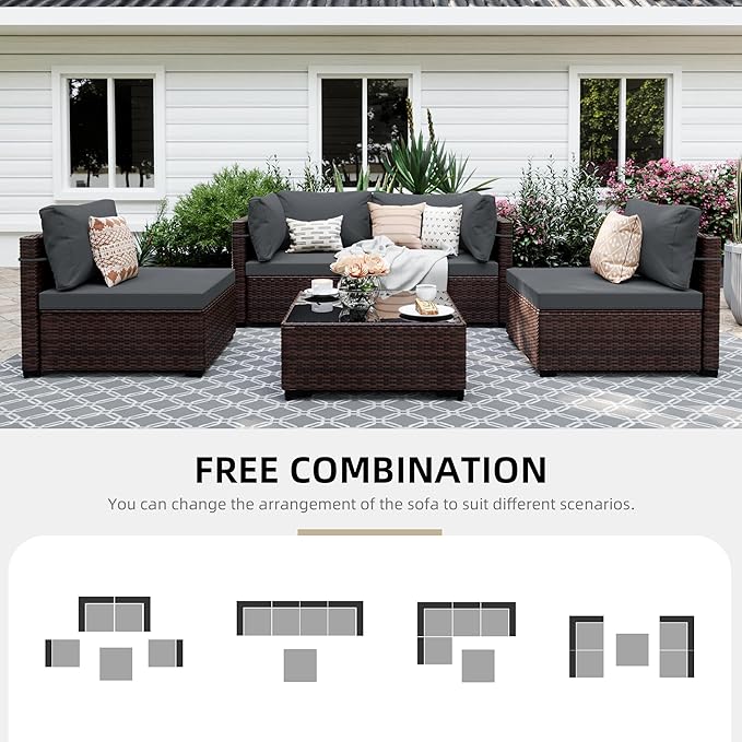 UPHA 5 Pieces Patio Furniture Sets, Wicker Outdoor Sectional Sofa Couch with Coffee Table, Patio Conversation Set for Deck Backyard Garden, Brown Rattan, Dark Gray Cushion