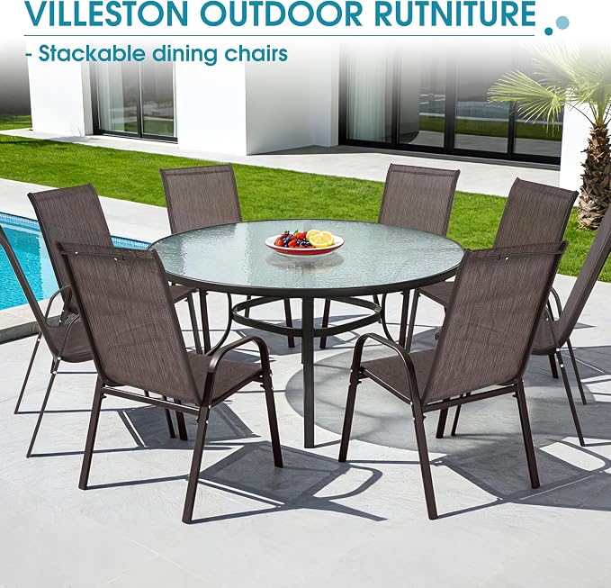 Outdoor Stackable Chairs Set of 8, Stacking Patio Chairs with Textilene Fabric, Outside Furniture for Garden Backyard Balconie Poolside Deck, Brown - Image 8