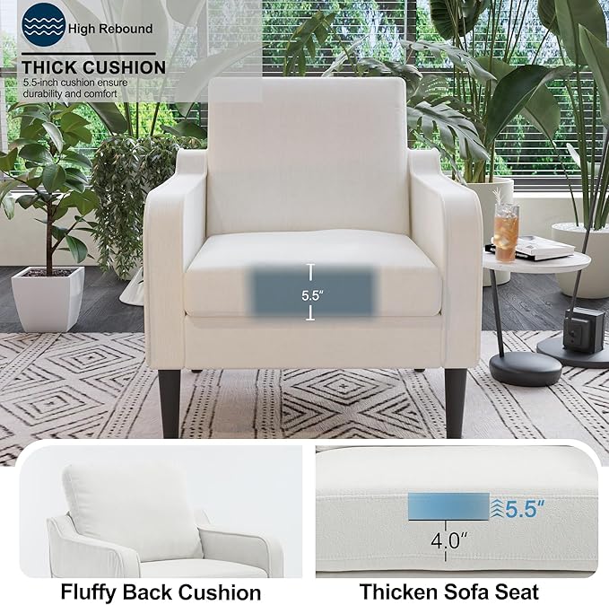 Ribilake Cream Accent Chair - Upholstered Armchair with Side Pockets, Comfy Living Room Arm Chair, Reading Accent Chairs for Bedroom, Living Room, Apartment, Office