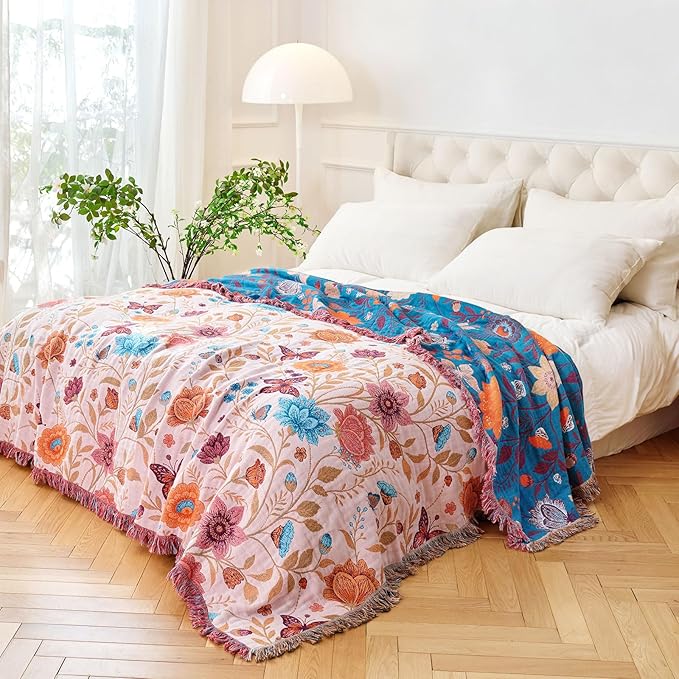 Boho Throw Blanket - 100% Cotton Ultra Soft Muslin Blanket, 60"x80" Lightweight Floral Butterfly Framhouse Bedding Spring Blanket for Bed, All Season Beige Bohemian Bedroom Home Decor Quilt