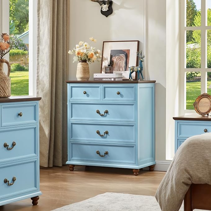 Joaxswe Farmhouse 5 Drawer Dresser for Bedroom, 35" Tall Rustic Chests of Drawers w/ 4 Solid Wood Feet, Mid Century Modern Wooden Closet Storage Dressers Organizer for Living Room, Hallway,Light Blue - Image 9