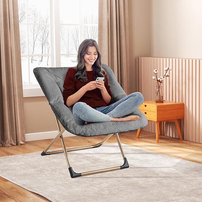 Youtanic Comfy Oversized Saucer Chair, Soft Faux Fur Reading Lounge Chair for Adults, Stable X-Large Metal Frame and Non-Slip Pad, Foldable Cozy Chairs for Bedroom, Living Room, Dorm, Dark Gray