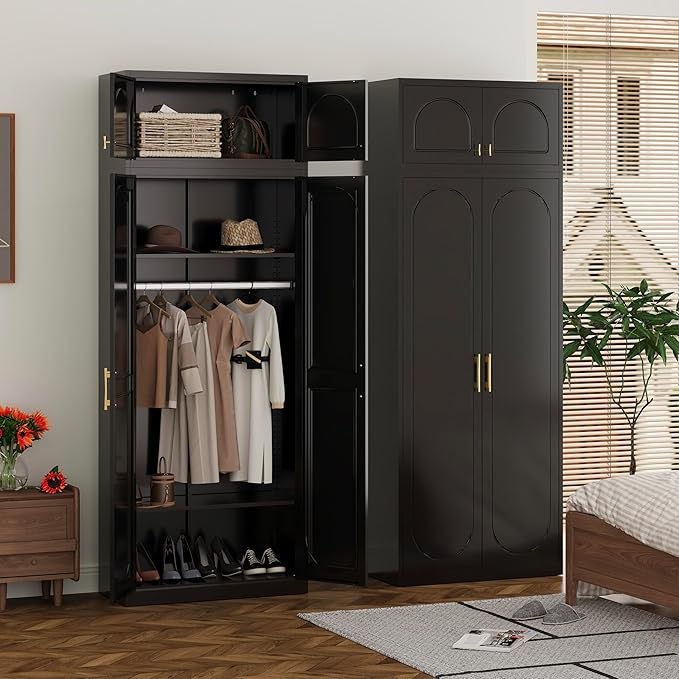 Metal Armoire Wardrobe Closet with Doors, 86" Tall Wardrobe Cabinet with Hanging Rod and Adjustable Shelves, Black Clothing Storage Cabinets for Bedroom, Home Office