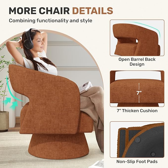 Nebuaegis Swivel Accent Chair, Modern Comfy Chenille Barrel Chairs, Oversized Upholstered Round Arm Chair for Living Room, Bedroom, Reading Room, Caramel, 1 PCS