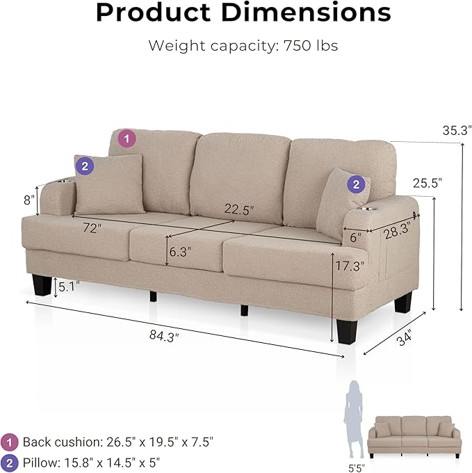 Homes: Inside + Out Reese Modern Plush Boucle Couch with Side Pockets, Cup Holders and USB Ports, Wooden Comfortable Sofa for Living Room, Bedroom and Office, Beige