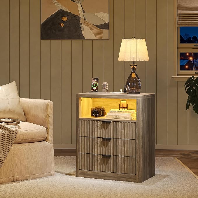 FUSOU Fluted Night Stand Set 2, Nightstands with Charging Station and LED Lights, Modern Bedside Table with 3 Drawers and Open Shelf, End Table with Storage, Night Stand for Bedroom, Light Brown - Image 4