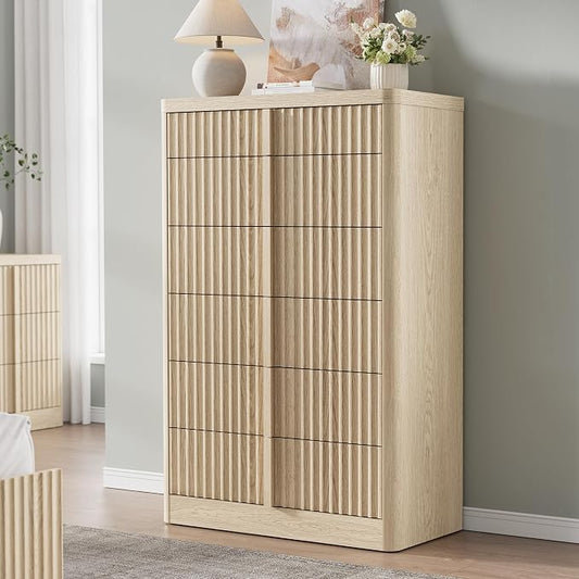 Fluted Dresser for Bedroom, 48" Tall 6 Drawer Dressers, Modern Chest of Drawers with Solid Wood Handle, Curved Profile Design, Wood Dresser Storage Organizer, Living Room, Hallway, Natural Oak by Harpaq