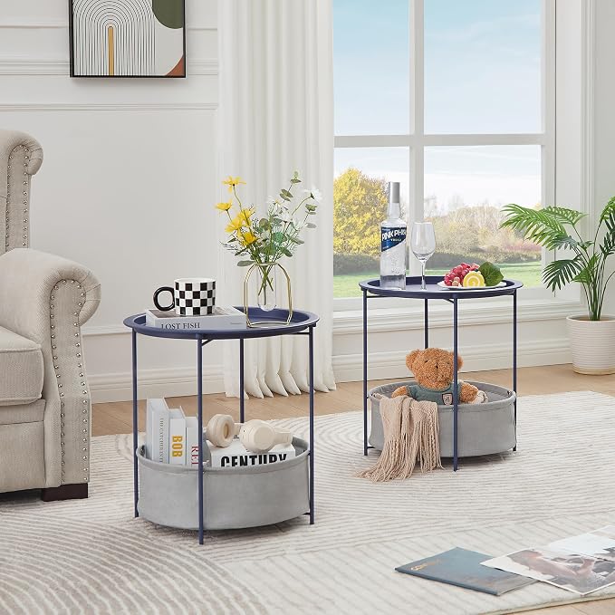 VECELO Round Side/End Table with Fabric Storage Basket，Metal Anti-Rust and Waterproof Small Bedside Nightstand with Removable Tray Top for Living Room，Balcony & Laundry，Blue /2pcs with Basket - Image 5
