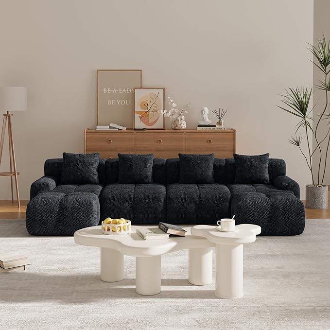 135" U-Shaped Compressed Sectional Cloud Sofa, Flannel Upholstered Modular Tufted Sofa with 6 Pieces, Symmetrical Boneless Foam Modular Cloud Couches for Living Room