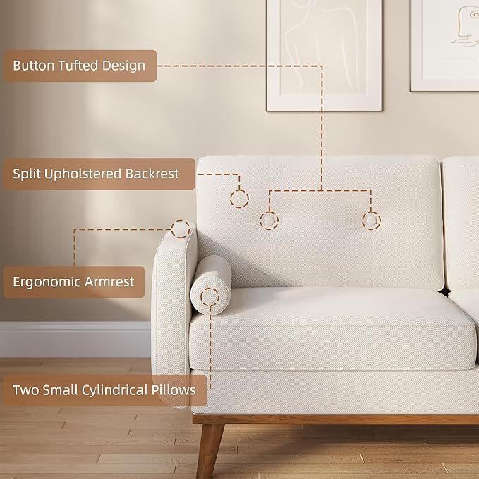 Garvee 65 in Mid Century Modern Loveseat Sofa for Small Spaces, 2 Seater Linen Upholstered Couch with Button Tufted Design & Wood Legs, Small Couch for Living Room, Bedroom, Office, Apartment, Beige