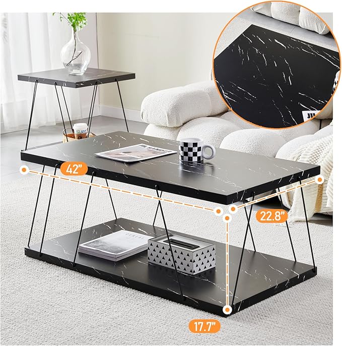 Btrpily Wooden Coffee Table - Modern Marble Coffee Table， Contemporary, Stylish, High-End Furnishing for Your Living Room (Black Marble, Rectangle)