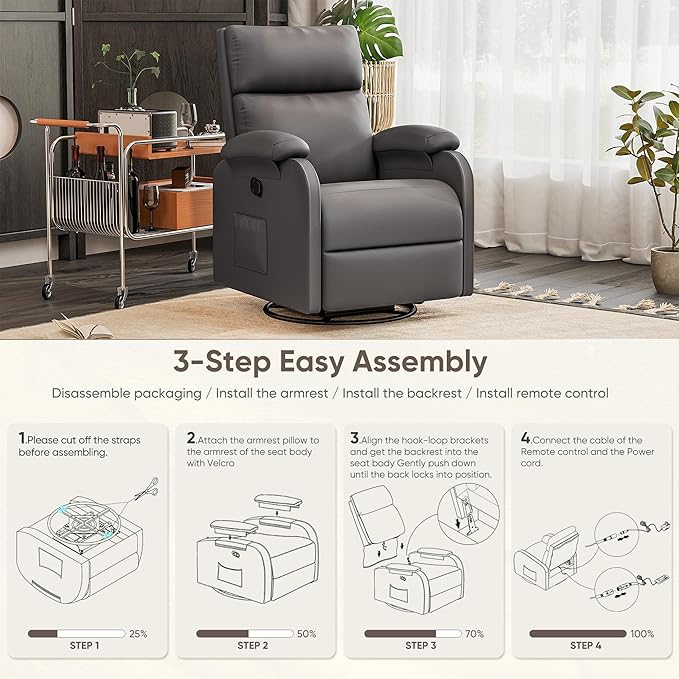 Homall Recliner Chair, 360 Swivel Rocking Chair for Adults, Massage Nursery Chair with Adjustable Backrest and Footrest, PU Leather Glider Rocker Recliners with Side Pocket for Living Room (Grey)