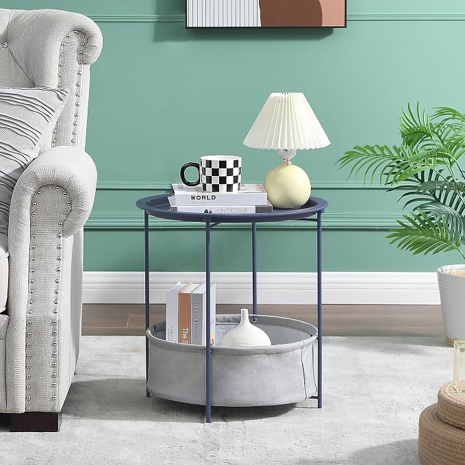 VECELO Round Side/End Table with Fabric Storage Basket，Metal Anti-Rust and Waterproof Small Bedside Nightstand with Removable Tray Top for Living Room，Balcony & Laundry，Blue /1pcs with Basket - Image 2