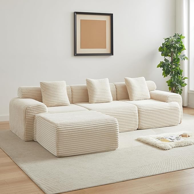 Cloud Compressed Modular Sectional Sofa, Comfy Corduroy Boneless Couch for Living Room, Modern L-Shaped Corner Couch with Reversible Ottoman, Non Slip, No Assembly & Deep Seat | Plush, Wider Armrest, Free Combination