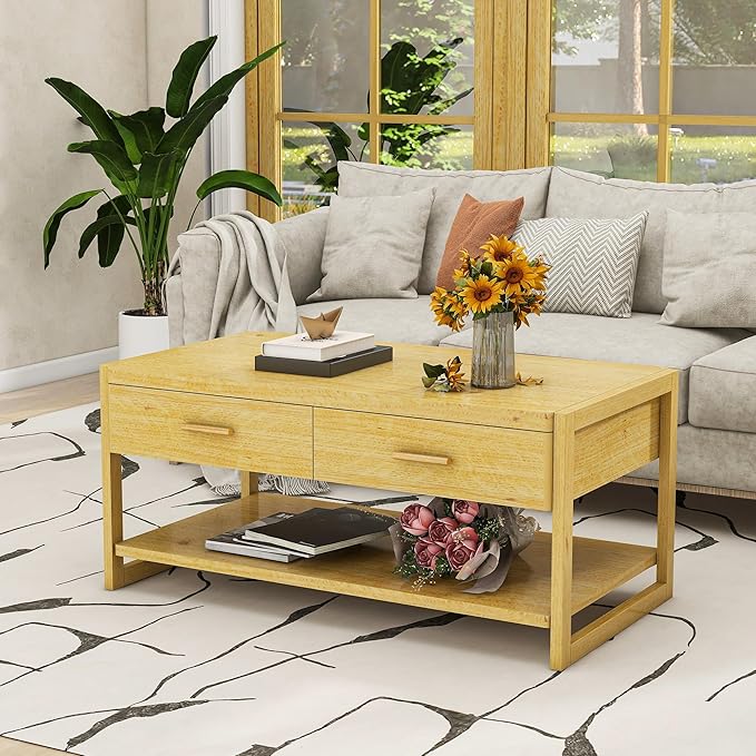 Solid Wood Coffee Table with Storage Living Room Table with 2 Drawers Shelf & Reinforced Legs