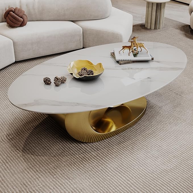 Modern Oval Stone Coffee Table with Gold Metal Base - Scratch-Resistant Rock Slab Top, Aviation-Grade Design - Stylish & Durable Centerpiece for Living Rooms (49.2"x27.6"x15.8").