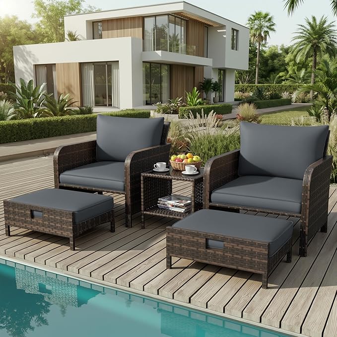 LEVELEVE Patio Conversation Set 5 Piece, Balcony Furniture Outdoor PE Rattan Wicker Lounge Chairs with Soft Cushions, 2 Ottomans & Glass Table for Porch Lawn, Brown (Dark Grey Cushions