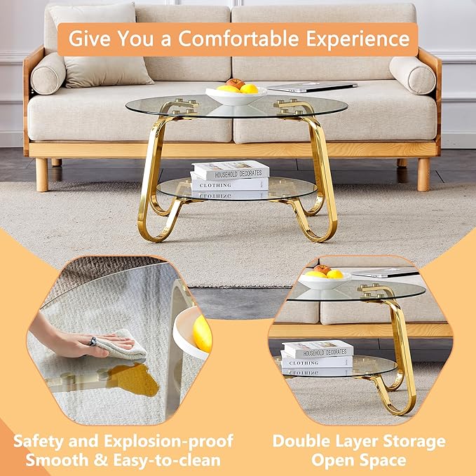 Glass Round Coffee Table for Living Room, 31.5 Inch Tempered Glass Top & Sturdy Metal Frame with Storage Shelf, Modern Small Center Table with 200lb Capacity, Quick & Easy Assembly