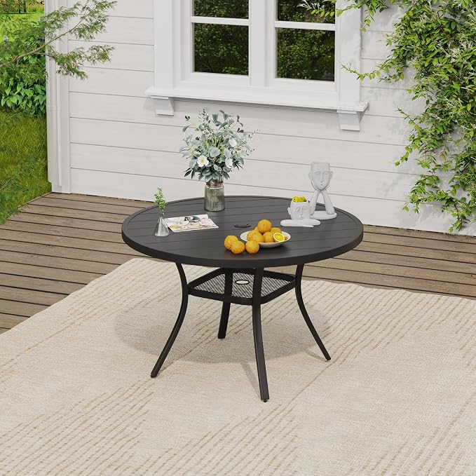 VICLLAX Round Outdoor Dining Set, Patio Table and Chairs Set Set of 4 Patio Stackable Chairs and 40.6" Outdoor Round Table with Umbrella Hole for Backyard Lawn Garden, Brown Chairs and Black Table - Image 5