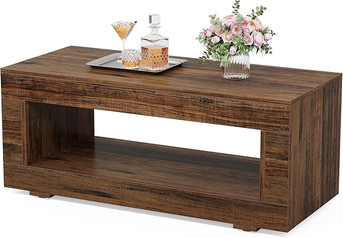 Tribesigns Wood Coffee Table for Living Room, 43.3" Modern Farmhouse Coffee Table with Storage, 2-Tier Rectangular Center Table Cocktail Living Room Table with Sturdy Base, Rustic Brown