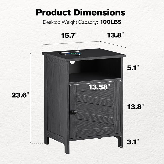 Nightstands Set of 2 with Charging Station, Farmhouse Night Stand with Open Shelf, Bedside Tables with Enclosed Cabinet, Wooden End Table with USB Ports & Outlets for Bedroom - Image 3