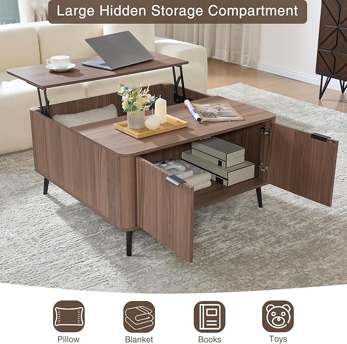 Lift Top Coffee Table with Large Hidden Compartment, 35.4" Wide Square Coffee Table with Storage, Mid Century Modern Fluted Center Table for Home Living Room, Brown