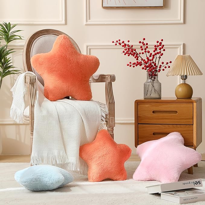 YRXRUS Star Pillows, Orange Star Shaped Pillow, Decorative Throw Pillow Gifts, Cute Plush Room Decor, Fluffy Faux Rabbit Fur 18"x18" Pillows for Living Bedroom